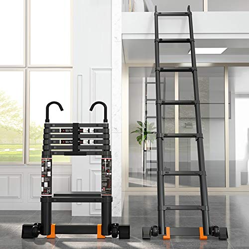 Escalera Extensible Industrial de Aluminio: 3 m/4 m/5 m/6 m de Altura, telescópica, con Ganchos extraíbles, Color Negro, Ideal para lofts Interiores, Bricolaje y Construc