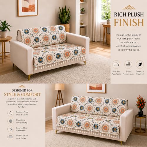 Image of Homerz Premium Printed Quilted Velvet Sofa Slip Cover Protector with Tassels, Sofa Mat, Exact Size, Antislip Cover (Mosaic, 2 Seater, Full)