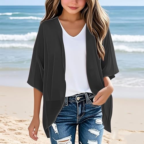 Girls Chiffon Cardigans Teens 3/4 Length Sleeve Lightweight Solid Beach Wear Boho Holiday Cover Ups Plain Blouse Top2