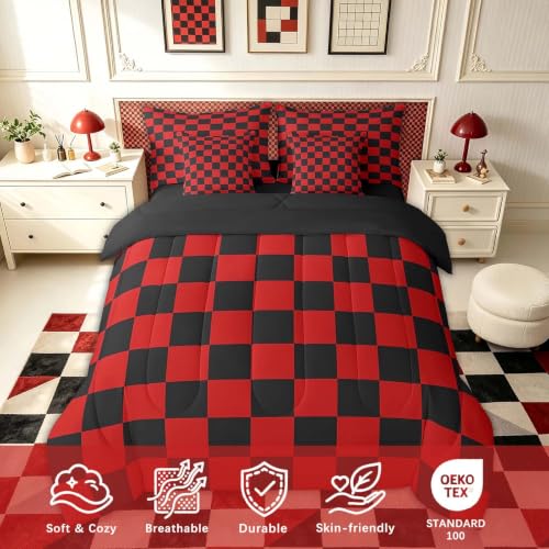 Image of Feelyou Checkered 7 Piece Bedding Set Teen Red Black Plaid Comforter Set with Sheets Full Size Kids Boys Cute Retro Neutral Checkerboard Geometric Bed in a Bag Vintage Aesthetic Room Decor