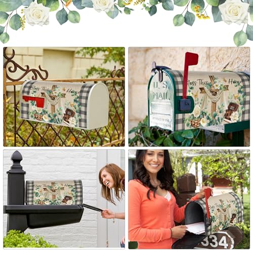 Image of Tiamon Easter Religious Cross Mailbox Covers Magnetic Easter Mailbox Cover Standard Size 21x18 Inch Spring Christian Eucalyptus Plaid Post Decor Bless This Home Letter Box Wrap for Outdoor Garden Yard