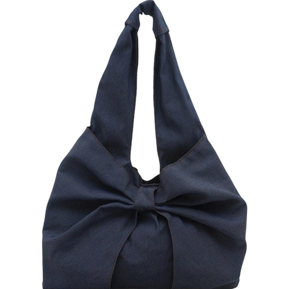 Casiler Women's Navy Blue Denim Tote Bag With Bow Detail, Large Capacity Messenger Bag Canvas Jean Crossbody Bag Lightweight Shoulder Bag For