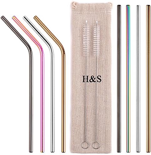 H&S 8 Metal Straws Reusable Coloured Stainless Steel Drinking Straws 2 Cleaning Brush Cleaner for Smoothie Hot Drinks with Bag Rainbow