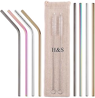 H&S 8 Metal Straws Reusable Coloured Stainless Steel Drinking Straws 2 Cleaning Brush Cleaner for Smoothie Hot Drinks with Bag Rainbow