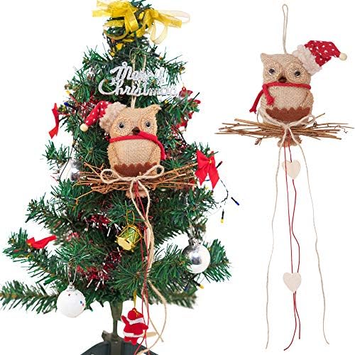 LONGBLE Cute 5.5” Jute Hanging Owl Christmas Tree Ornament Brown Bird with Red Hat and Scarf Heart and Branches Decor for Xmas Day 2Pcs/Set