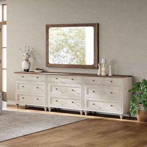 Image of WAMPAT Kids Dresser for Bedroom with 9 Drawers, Baby Dressers with Wide Chest of Drawers, Farmhouse Wooden Closet Storage Organizer, Large Wood Dressers for Living Room, Nursery, Hallway, Rustic White