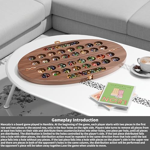 Juego de Mesa Mancala de Madera, Clásico para 2 Jugadores, Juego Plegable con Tablero de Madera Sólida y Fichas de Vidrio Multicolor miniatura 5