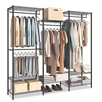 SONGMICS Clothes Rack, Open Wardrobe for Bedroom, Metal Clothes Rails with Adjustable Storage Shelves and Hanging Rails, Hooks, Heavy-Duty Clothing Storage, Dividable, Ink Black LGR431B01