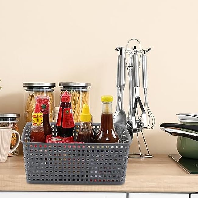 Readsky Plastic Woven Storage Basket with Handle, Gray, 4 Packs