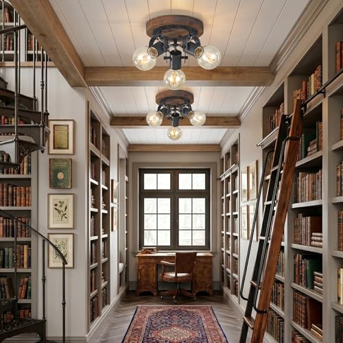 Image of Farmhouse Ceiling Light Fixture with Wood Base, 3-Light Adjustable Industrial Track Lighting, Rustic Black Metal Spotlight Ceiling Lights for Kitchen Bedroom Hallway