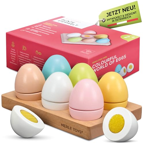 Merle Toys® Holz Eier Spielzeug für Kinder ab 2 Jahren – 6 bunte Eier für Kaufladen, Holzeier Kinderküche Zubehör Holz, Klett in Dotter-Farbe, realistische Größe L, fördert Feinmotorik und Rollenspiel Merle Toys® Holz Eier Spielzeug für Kinder ab 2 Jahren – 6 bunte Eier für Kaufladen, Holzeier Kinderküche Zubehör Holz, Klett in Dotter-Farbe, realistische Größe L, fördert Feinmotorik und Rollenspiel
