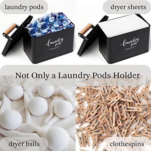 PERFNIQUE Laundry Pods Container, Farmhouse Laundry Pods Holder with Lid for Laundry Room Decor and Accessories, Metal Detergent Pods Container for Laundry Room Organization and Storage (Black, Pods)