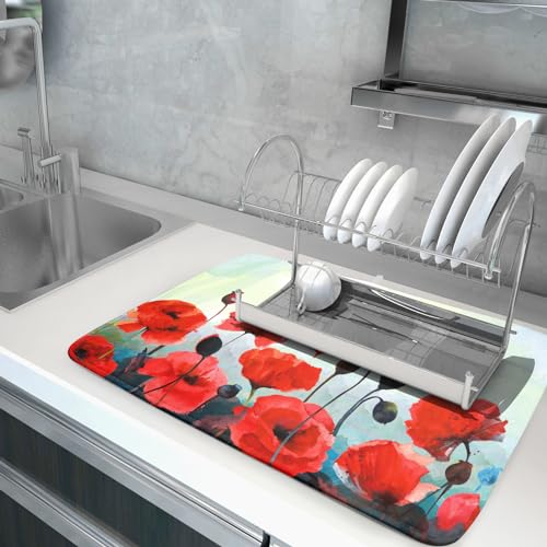 Image of Red Watercolor Flower Dish Drying Mat for Kitchen Counter 18 x 24 Inch - Poppy Absorbent Reversible Microfiber Dish Mat, Heat Resistant Drying Pad Dish Drainer Mats for Countertop