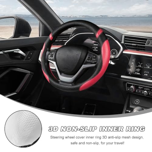 Image of Car Steering Wheel Cover, 15 Inch Premium Leather Breathable Non-Slip Wheels Wrap, Universal Auto Comfortable Steering Wheel Protector for SUV Truck Van, Car Accessories (Rose Red)