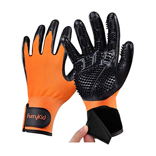 Furrykid Pet Grooming Gloves - Pet Hair Remover Gloves Premium Deshedding Gloves for Easy, Mess-free Grooming of Dogs, Cats, Rabbits & Horses with Long/Short/Curly Fur - 1 Pair