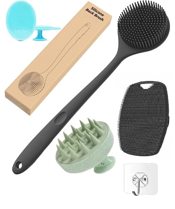 Image of (Free Hook -1 pic) Silicone Bath Brush Set - Long Handle Back Scrubber, Handheld Body Scrubber, Scalp Massage Brush - Full Body Exfoliating Shower Kit for Men and Women