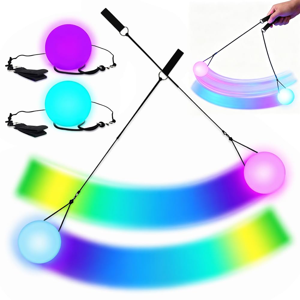 LYPPUL 2 Pcs LED Poi Balls, LED Poi Spinning Balls with 7 luminous colors, Luminous Poi Juggling Balls for Beginners Kids and Adults, Play Dancing, Camping, Light Shows, Raves