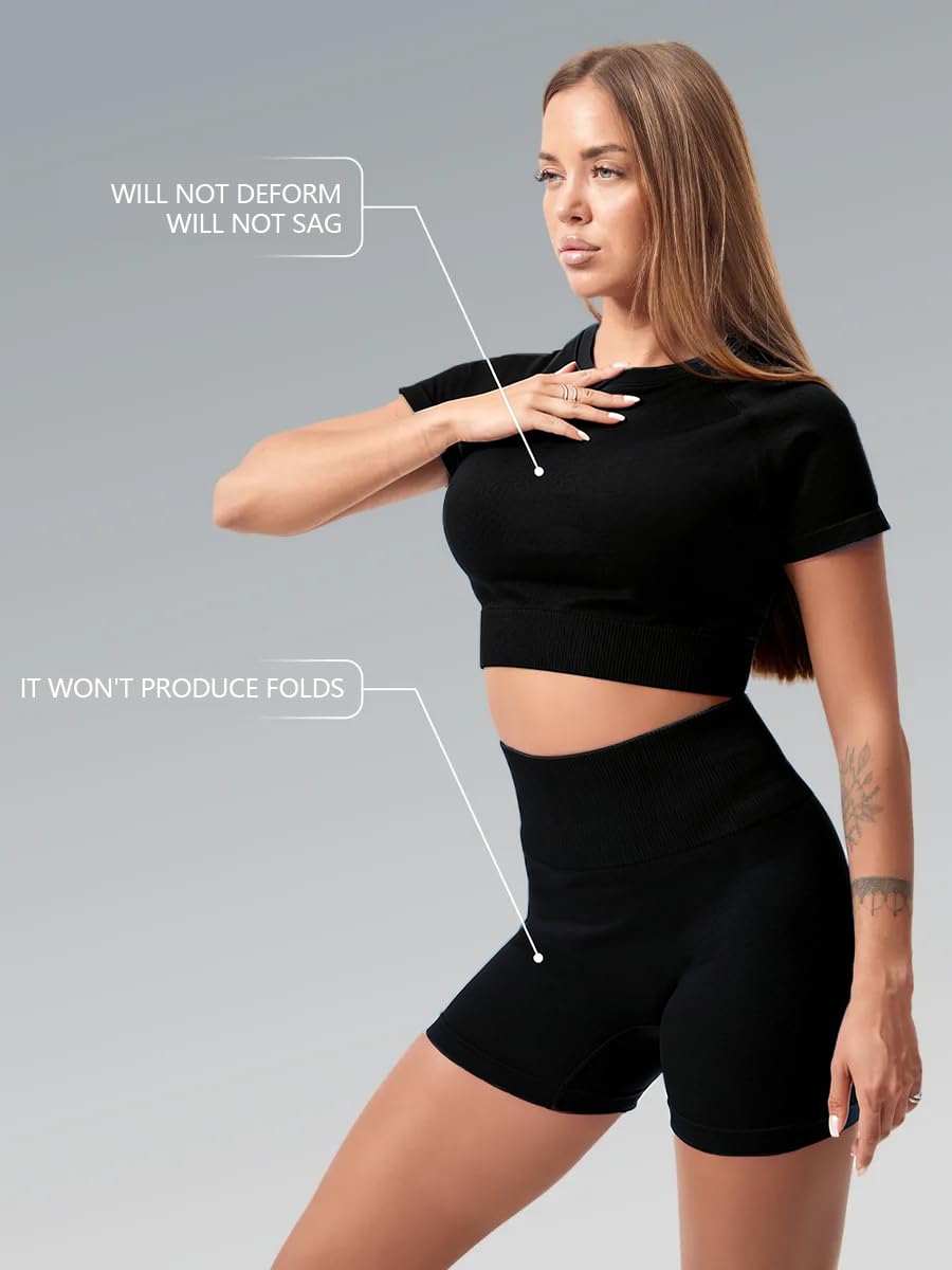 Conjuntos de Entrenamiento para Mujer Top Corto Costuras 2 Piezas Pantalones Cortos Cintura Alta Ropa Yoga Fitness Gimnasio
