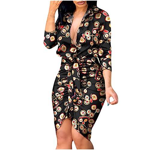 2021 Fashion Dress for Women Vintage Professional Dress Plus Size V-Neck Long Sleeve Bandage Slim Shirt Dress Black