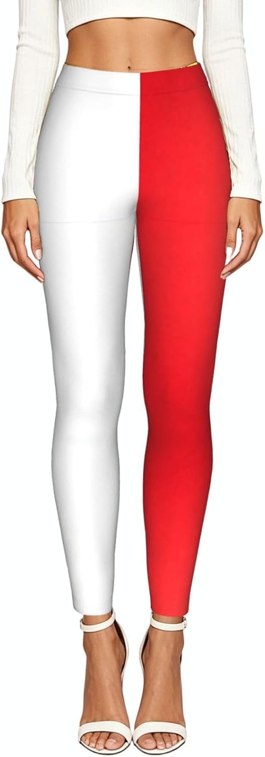 Red and White Stretch Leggings,Opaque Printed Elasticity Pants for Workout