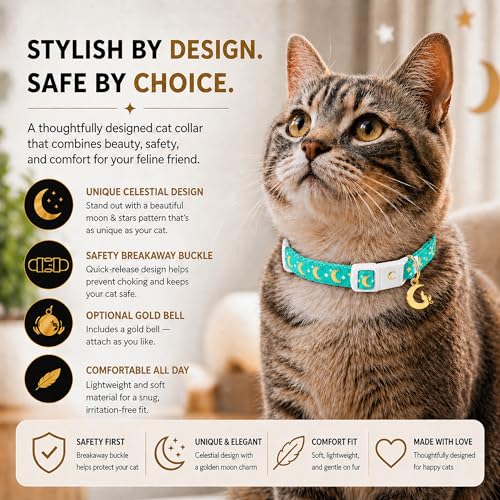 Image of waaag Cat Collars, Gold Moons and Stars Cat Collar, Safety Breakaway Cat Collar, Glow in The Dark (Standard 9 inch-15 inch Neck, Aqua)