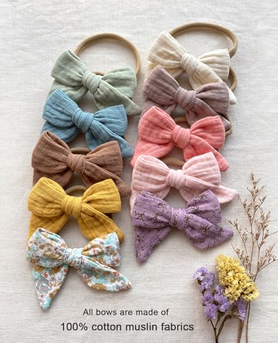 Cherssy Baby Muslin Hair Bows and Headbands, 10pcs Soft Nylon Hairbands for Newborn, Infants, Toddlers4