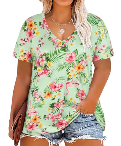 Image of RITERA Women Plus Size Tops Tie Dye V Neck Shirt Floral Camo Summer Short Sleeve Tunic Oversized Ladies Blouse XL-5XL