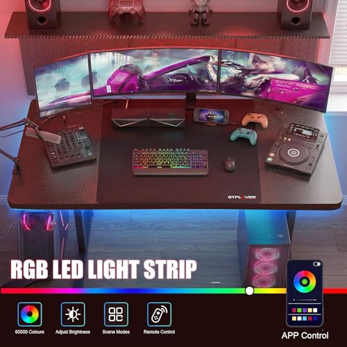 Image of GTPLAYER 55 Inch Gaming Desk with LED Lights, Large Computer Desk with Mouse Pad for Home Office, T-Shaped Carbon Fibre Surface PC Game Workstations with Headphone Hook
