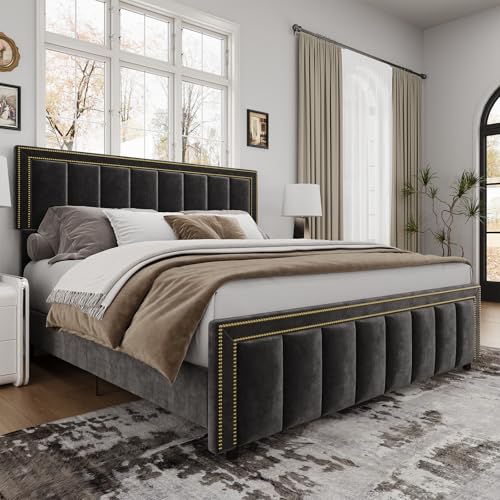Image of BarnFurin King Size Size Bed Frame with 50 inch Tall Headboard and Footboard, Chenille Upholstered Bed Frame, Vertical Channel Tufting with Nailhead Trim, No Box Spring Needed, Easy Assembly, Black