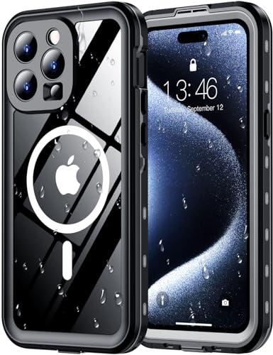 Red2Fire for iPhone 15 Pro Max Case Waterproof [Built-in Screen Protector & Camera Protector][Compatible with MagSafe][Full Body Shockproof][IP68 Waterproof][Dustproof] Phone Case 6.7 Black/Clear