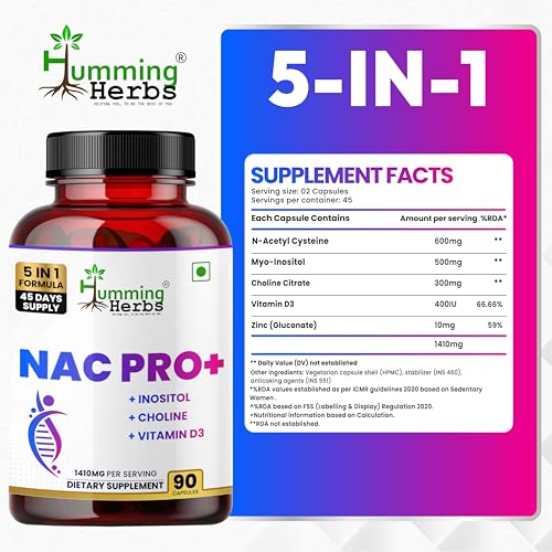 Image of Humming Herbs NAC PRO+ with N-Acetyl Cysteine, Inositol, Choline, Vitamin D3 & Zinc | 1410mg | 90 Veg Capsules | 45 Days Supply | Non-GMO & Clean Label