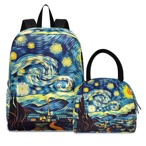 Childrens Backpacks, Starry Night Painting Waterproof Lunch Bag, Backpacks for Middle School Students