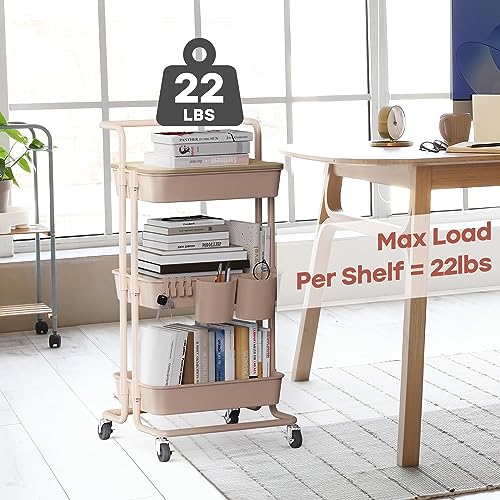 Image of DTK 3 Tier Rolling Utility Cart with Cover Top Board, Movable Kitchen Storage Cart Trolley with Lockable Wheels, Cups, Hooks for Kitchen Bathroom Home Office Art Craft Storage and Organization(Pink)