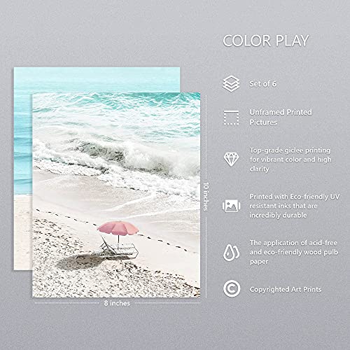 Coastal Wall Art Beach Prints Decor Set Of 6 Summer Seascape Theme Pictures Boardwalk, Beach Chair, Pink Van, Surfing Posters For Home Unframed 8X10 Inch #TOP1
