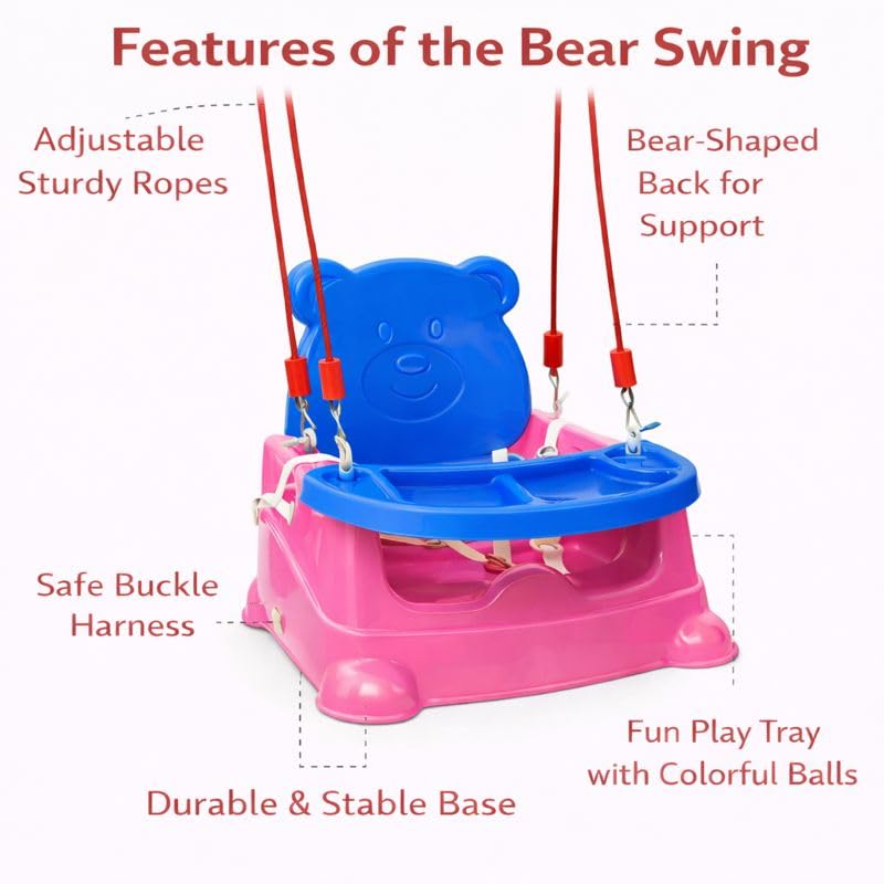 Image of 6-in-1 Multipurpose Baby Booster Seat Cum Hanging Swing Seat | Toddler Plastic Chair with Backrest & Safety Support | Feeding Seat with Long Ropes & Hooks for Boys & Girls (1-3 Years) (Pink Blue)