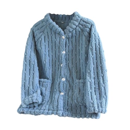 Oplxuo Women Plush Pajama Tops Button Down Sleepwear Fuzzy Fleece Jacket Long Sleeve Soft Warm Winter Coat with Pockets