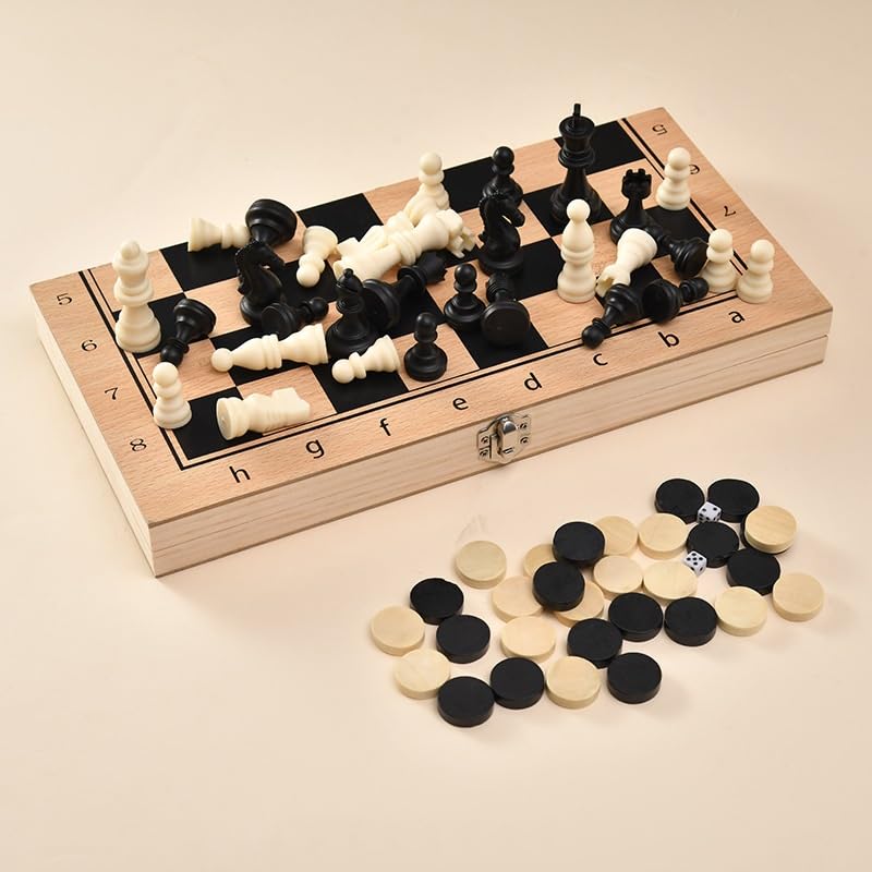 echiquier 3-in-1 Chess Checkers Draughts Backgammon Set Folding Wooden Chess Board Portable for Kids and Adults echecs Jeu(34 * 34cm)