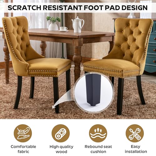 Image of 5-Piece Dining Table Set with 47In Tempered Glass Table and 4 Velvet Upholstered Chairs, Modern Scandinavian Furniture for Dining Room Kitchen(Yellow)