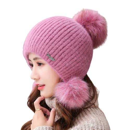 Women's & Girl's Woollen Beanie Pom Pom Cap Warm Outdoor Hat for Autumn Winter (Purple)-image-49