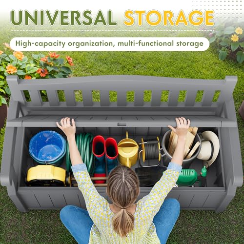 Image of Greesum 80 Gallon Storage Bench Outdoor Deck Box with Armrest, Grey