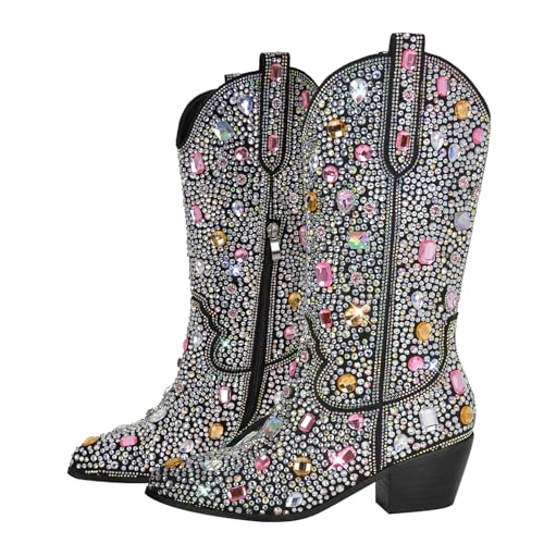 Image of Richealnana Sparkly Rhinestones Cowboy Cowgirl Style Boots Calf High Boots for Women 2INCH Heeled Shining Pull On Tabs