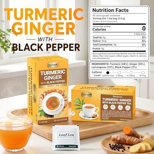 Image of LeafLea Turmeric Ginger Black Pepper Tea Bags, 40 Count, Caffeine-Free