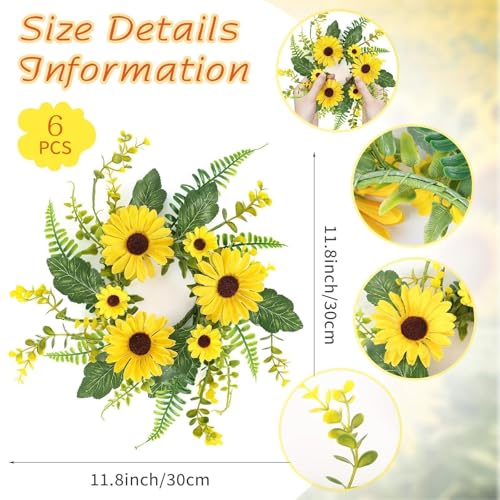 Image of 6Pcs Sunflower Wreath for Front Door Artificial Sunflower Spring Summer Table Centerpieces Wreath Fake Yellow Floral Candle Rings Wreaths for Pillars Cabinets Wedding Table Home Decor