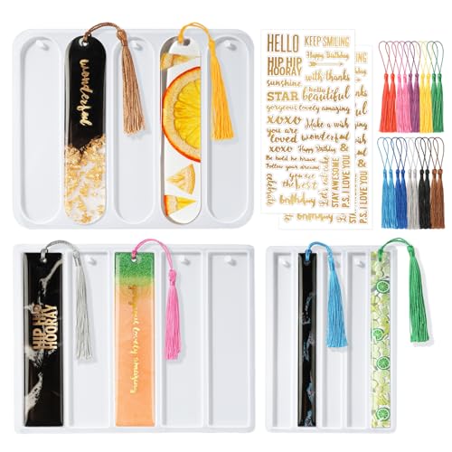 HeyClear Bookmarks Resin Silicone Molds Kit Set of 3 Epoxy Resin Bookmark Molds with 2 Stickers and 20 Pcs Bookmark Tassels Casting Molds for DIY Book Mark Craft Making