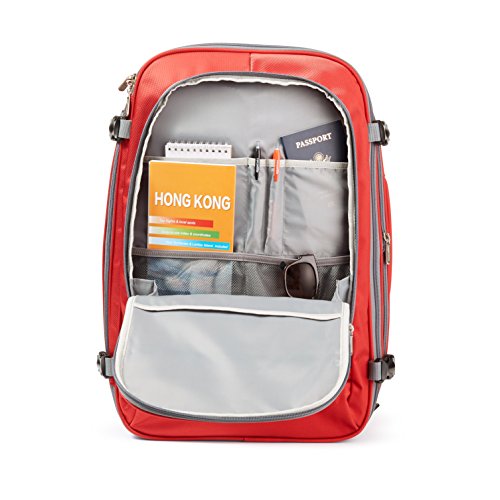 Image of Amazon Basics Travel Backpack, Carry On Backpack, With Laptop Compartment, 40L Capacity, Expandable for 10% Extra Space, Backpack & Shoulder Bag Dual Use, 15.8 inchW x 21.5 inchH x 8.3 inchD, Red