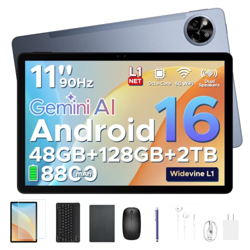 Image of P11 Android 16 Tablet, 11 Inch Tablet with Gemini AI, 48GB RAM+128GB ROM /2 TF, 120Hz, T7250 Octa-Core, 8800mAh /18W, 13MP+5MP, Widevine L1, Face ID, GPS, FM, OTG, Tablet with Keyboard Pen