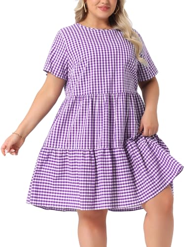 Image of Agnes Orinda Plus Size Gingham Dresses 1950s Vintage Plaid Round Neck Short Sleeve Tiered Midi Summer Dress