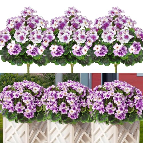 Betylifoy Fleurs Artificielles d'extérieur Géraniums Artificiels Fleurs en Soie 3 Bottes Fleurs en Plastique Plantes Artificielles Résistant aux UV pour Le...