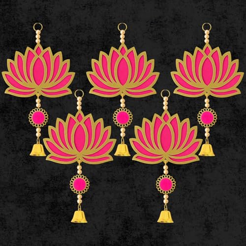 Panchhi Store Wall Hangings for Home Decoration Lotus Latkan Toran with Bells Diwali Dcor Items, Ganpati Decoration Items for Home Pooja Deocration Items for All Festivals Decore - Pink Pack of 5