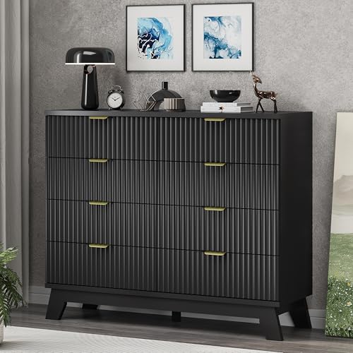 Image of Fluted Dresser for Bedroom with 8 Drawers, 48 inch Wide Modern Chest of Drawers with Metal Handle, Wooden Dresser TV Stand, Wood Closet Clothes Storage Drawer Organizer for Living Room, Hallway, Black